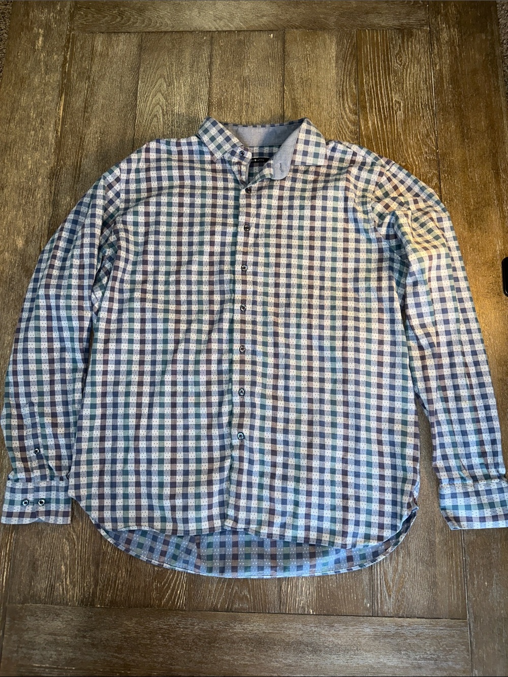 Hammer Made Men’s Check Button Down Shirt Blue Brown White Long Sleeve 18.5 Neck